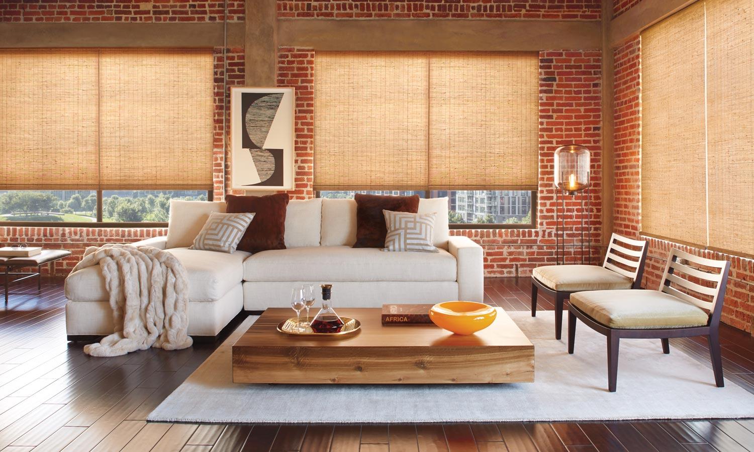 Provenance® woven wood shades on living room windows 