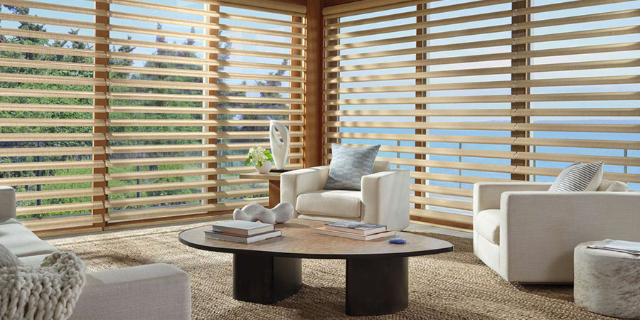 custom sheer shades on large living room windows for light control and reduced glare