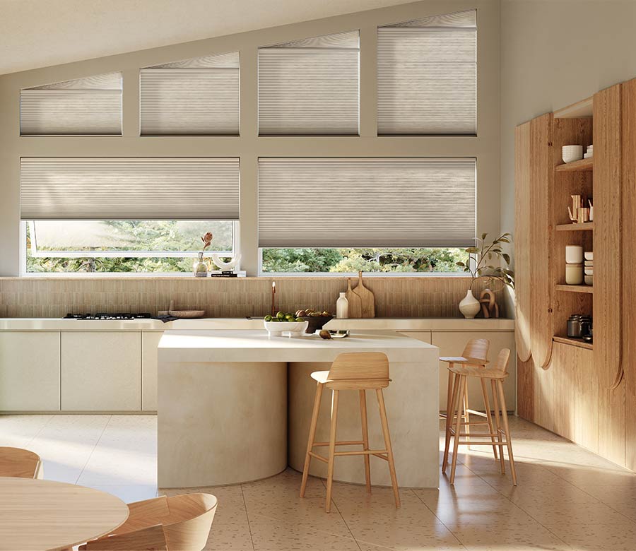 beige modern kitchen angled windows with cellular shades