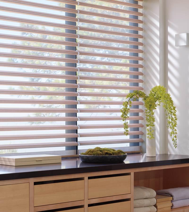 modern bathroom with hunter douglas pirouette shades