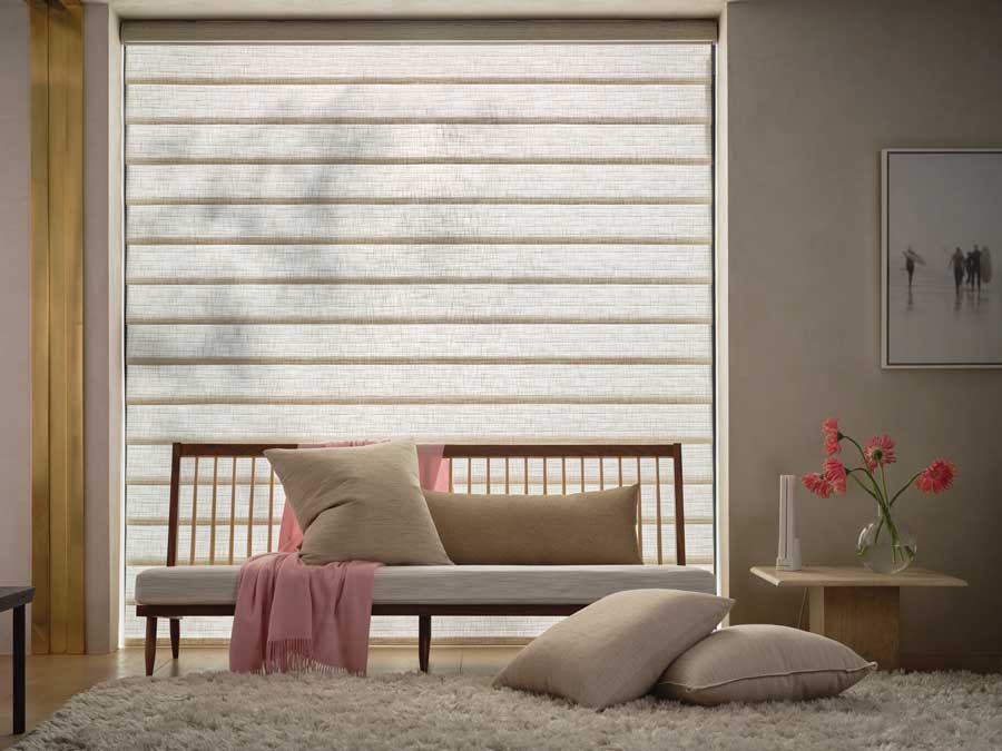 modern living room with hunter douglas vignette roman shades
