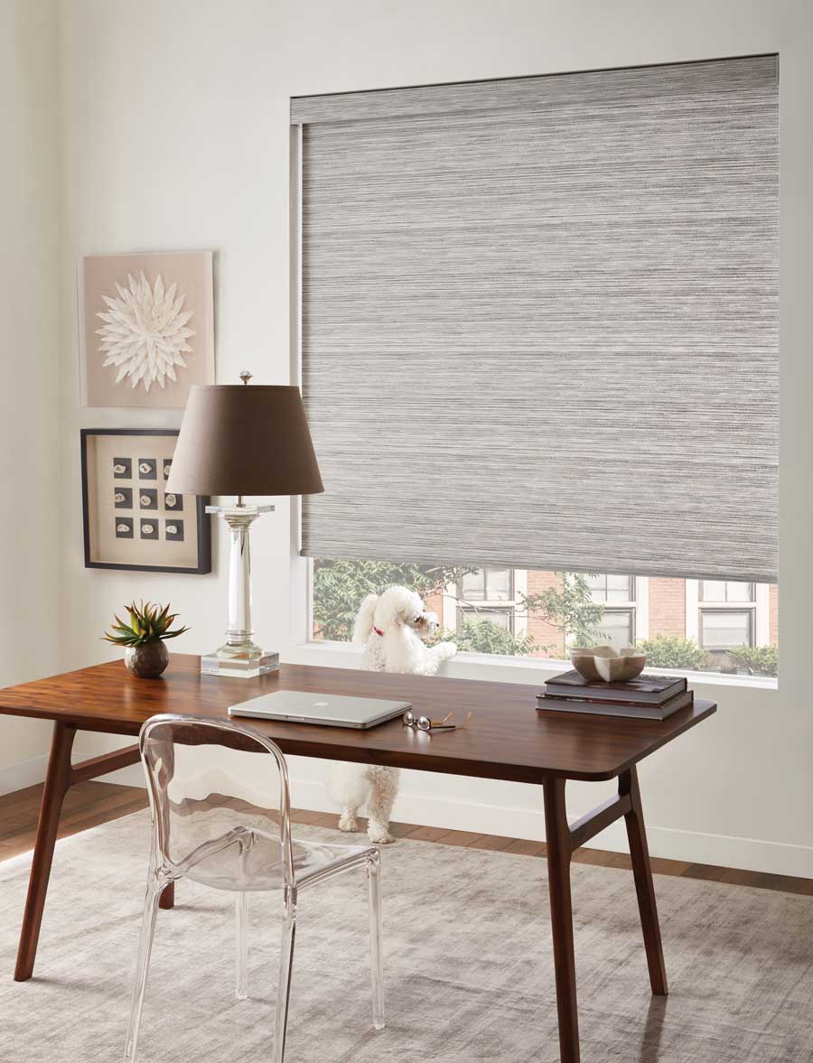 gray woven roller shades in home office in London ON
