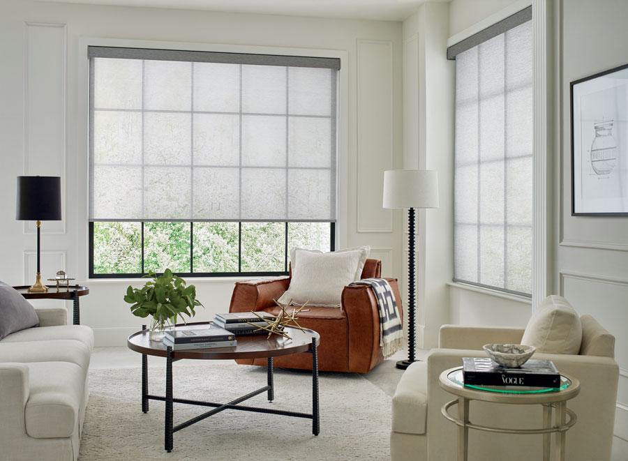 white solar shade on living room window with brown leather couch