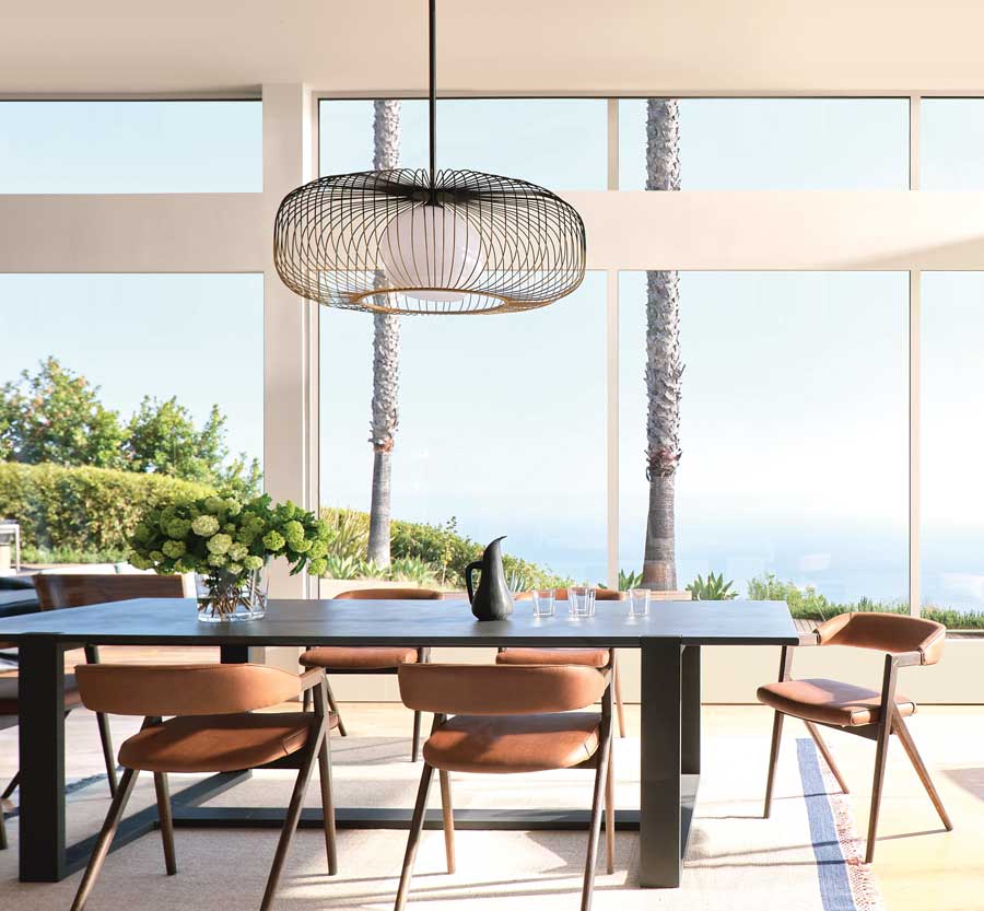 dining room with light fixture needing window coverings