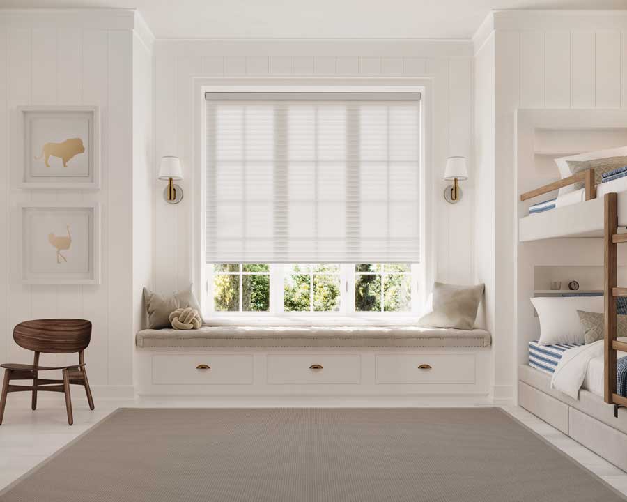 guest room with bunk beds and cellular roller shades in Ontario
