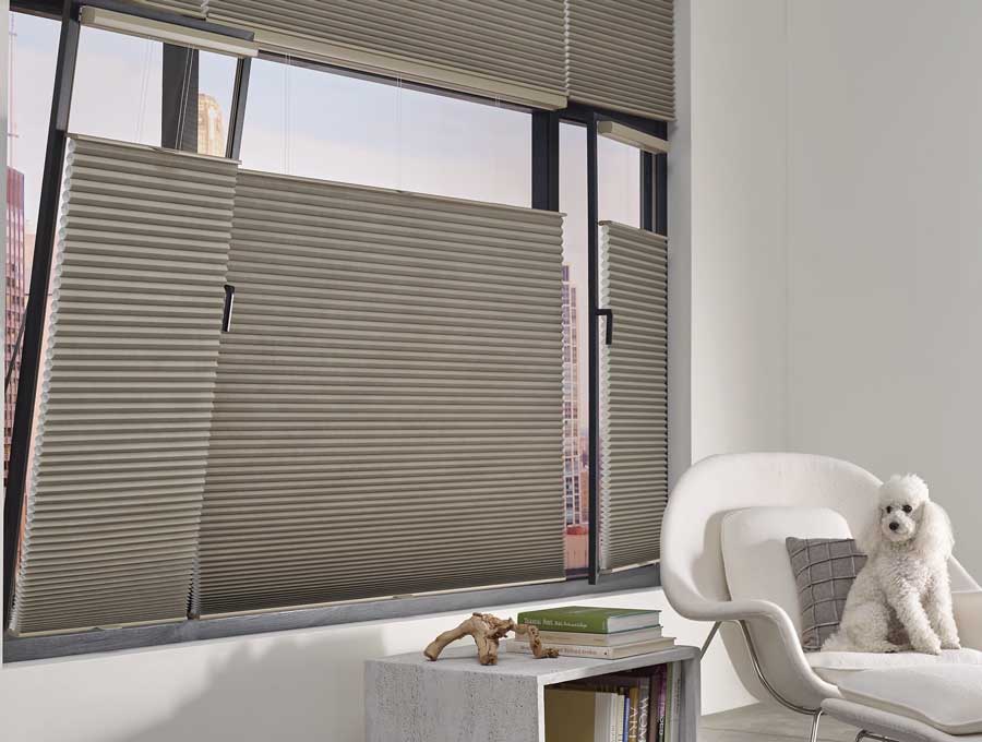 gray honeycomb shades with trackglide on tilt turn windows with a dog on a chair next to them