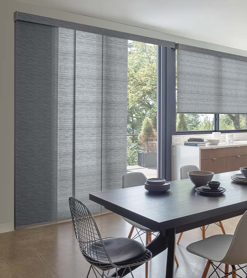 blue skyline panel track blinds in dining room Removing Vertical Blinds