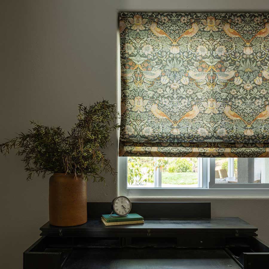 Roman shades with birds and botanical theme in London, ON home
