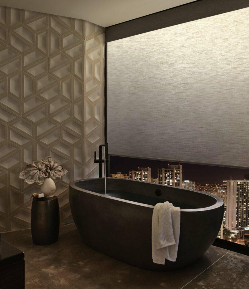 black roller shades with black tub in bathroom with aura illuminating shades