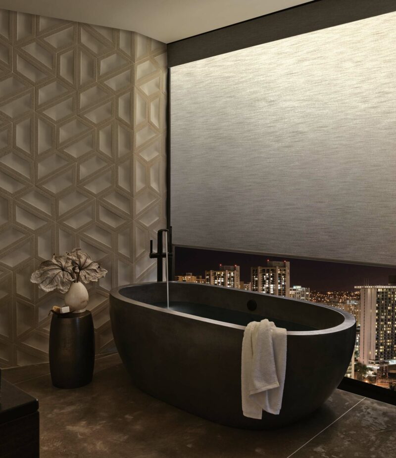 gray shades in the bathroom illuminated with aura light for privacy and ambiance