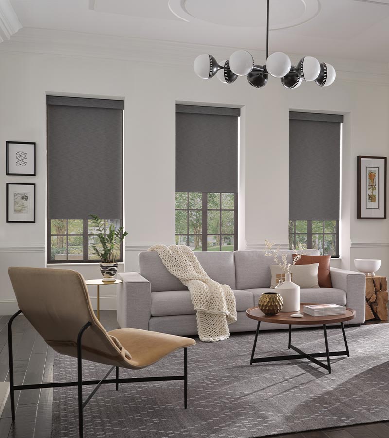 Motorized dual roller shades with light-filtering and room-darkening fabrics