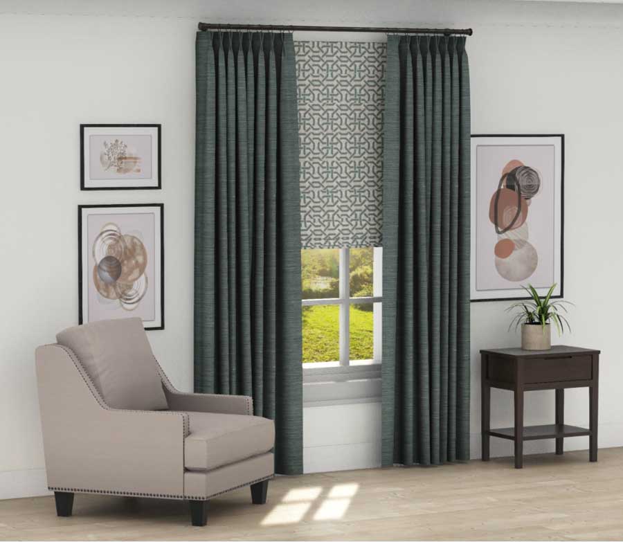 teal green draperies with patterned roman shade