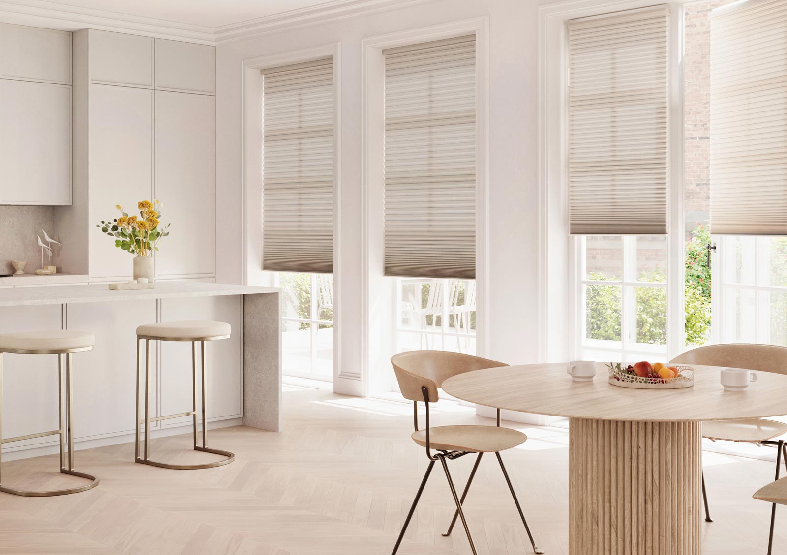 honeycomb cellular shades providing insulation on kitchen windows